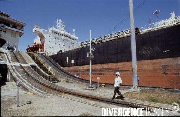 Panama canal :Tanker passing a lock.