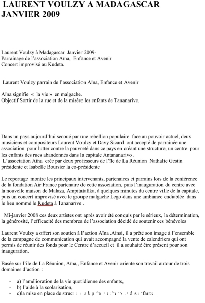 L. Voulzy Parrain de l association humanitaire Aïna Madagascar