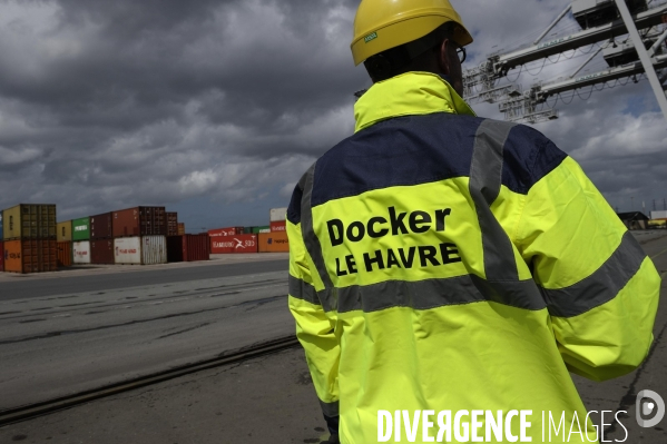 Déchargement de porte-conteneurs par les dockers du Havre