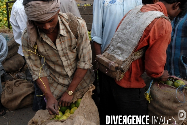 Delhi, les Halles de Sabji Mandi. Dans un tumulte vital, existent ensemble maîtres et serviteurs, paysans, porteurs, commerçants et négociants, et s échangent les marchandises (legumes et fruits) qui nourriront la Ville dans la journée