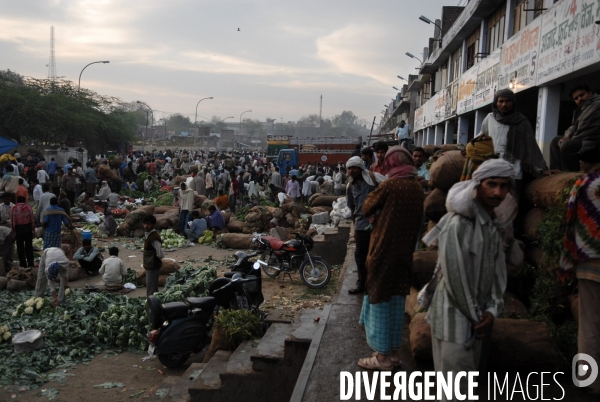 Delhi, les Halles de Sabji Mandi. Dans un tumulte vital, existent ensemble maîtres et serviteurs, paysans, porteurs, commerçants et négociants, et s échangent les marchandises (legumes et fruits) qui nourriront la Ville dans la journée