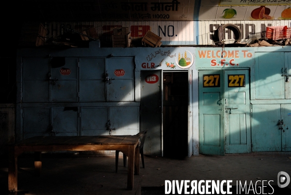 Delhi, les Halles de Sabji Mandi. Dans un tumulte vital, existent ensemble maîtres et serviteurs, paysans, porteurs, commerçants et négociants, et s échangent les marchandises (legumes et fruits) qui nourriront la Ville dans la journée