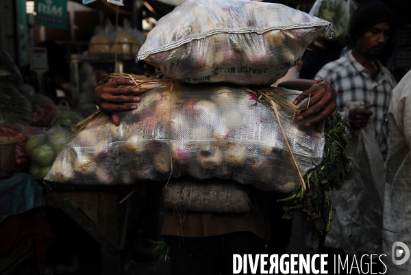 Delhi, les Halles de Sabji Mandi. Dans un tumulte vital, existent ensemble maîtres et serviteurs, paysans, porteurs, commerçants et négociants, et s échangent les marchandises (legumes et fruits) qui nourriront la Ville dans la journée