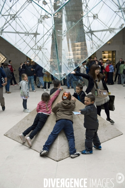 Touristes a la pyramide inversee au Louvre..Seance photo; gestes et poses quasi rituel sous la pointe de la pyramide inversée