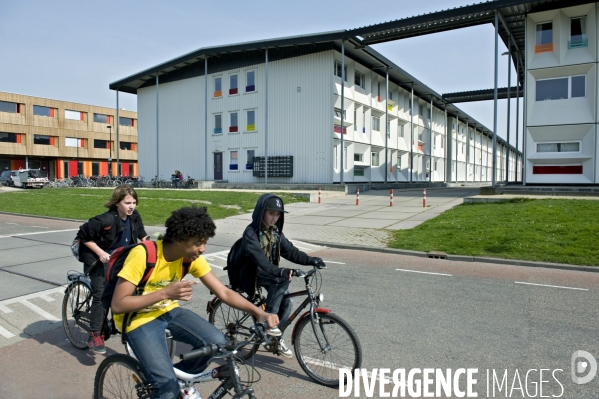 Amsterdam.Résidence étudiante. Dans des containers sur une ancienne friche portuaire a Houthavens