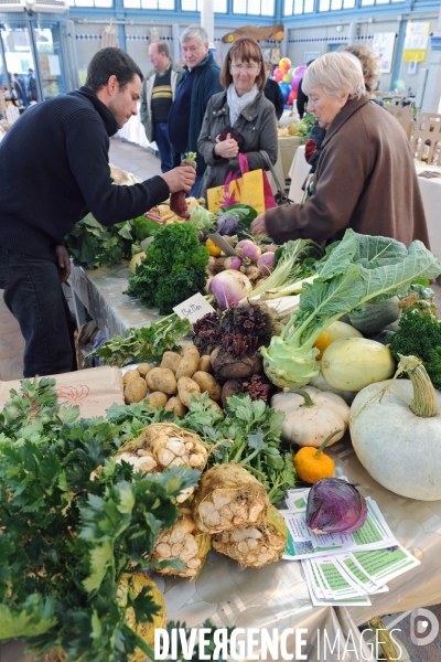 Commerce illustration.Au marché, légumes rares ou anciens en agriculture biologique