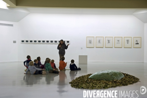 Illustration Novembre 2013.Un groupe d enfants avec une mediatrice culturelle en visite dans une des salles du LAAC, Lieu d Art et Action contemporaine.