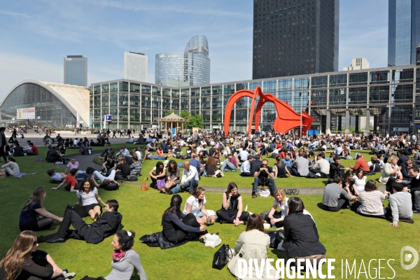 Emploi Illustration.Emploi tertaire,Des salariés des bureaux des tours avoisinantes pic niquent sur une pelouse de l esplanade centrale de la Défense