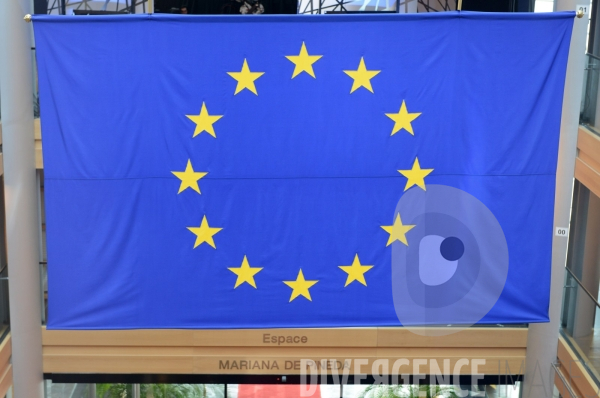 Le Parlement Européen de Strasbourg ( drapeau, hall interieur)