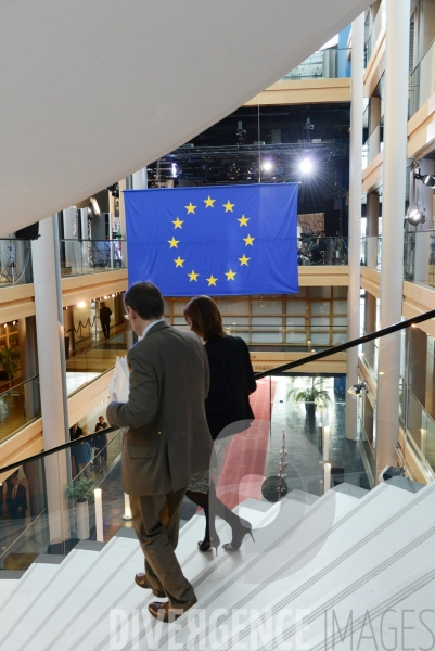 Le Parlement Européen de Strasbourg ( hall interieur - drapeau)