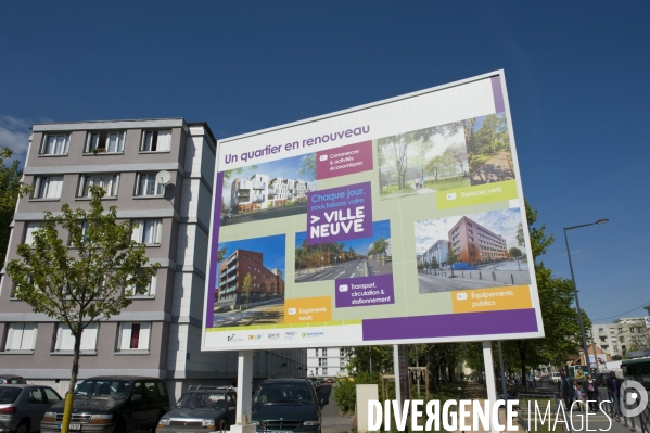 Illustration Avril 2014.Panneau annoncant la transformation d un quartier grace a la politique de la ville de l ANRU.