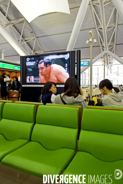 Illustration Octobre 2014.Aéroport international d Osaka. Trois filles et le sumo. Retransmission d un combat de sumos à la télévision dans un hall d embarquement