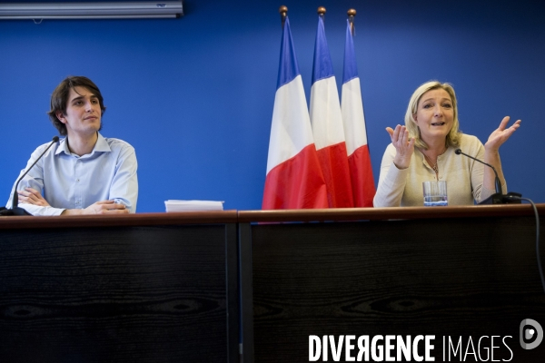 Conférence de presse de Marine Le Pen pour présenter le nouveau président du FNJ, Gaëtan DUSSAUSAYE.