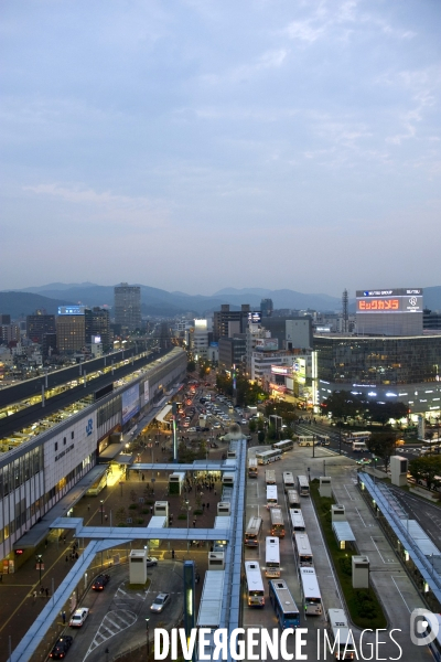 Japon. Okayama. Vue aerienne de la gare centrale