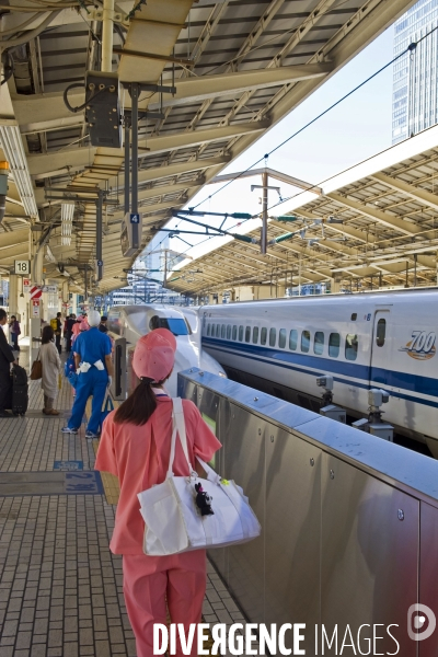 Tokyo. Un Sinkansen a quai en gare centrale.Une brigade de nettoyage, les femmes en uniforme rose, les hommes en bleu attendent que le passargers soient descendus avant de monter a bord et de proceder au nettoyage de la rame.