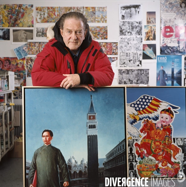 Le peintre Erro dans son atelier de Paris