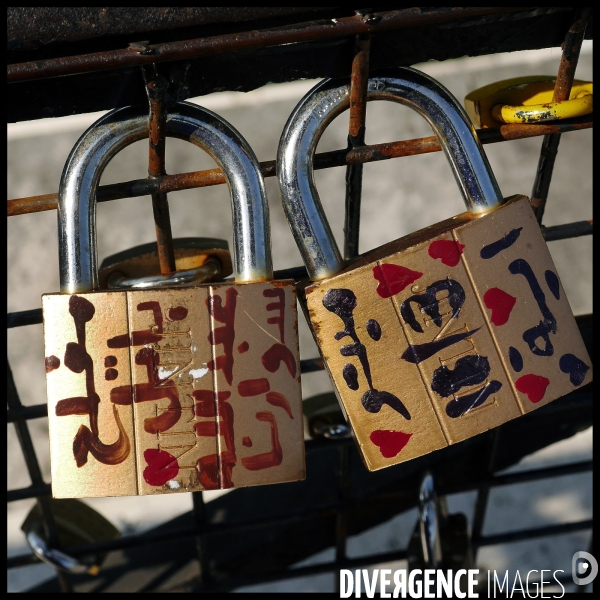 Paris Bridges Prisoner of Love locks. Les Ponts de Paris prisonnier des cadenas d amour.