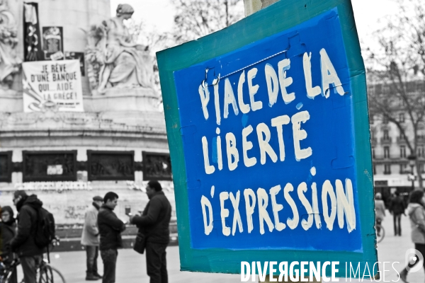 Illustration Fevrier 2015. La place de la Republique rebaptisee en place de la liberte d expression.