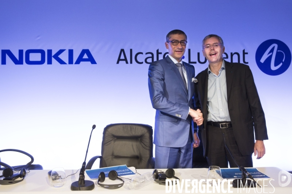 Conférence de presse de Rajeev SURI Pdg de Nokia et Michel COMBES Pdg d Alcatel-Lucent pour annocer la fusion des deux groupes.