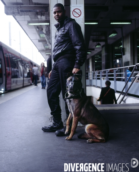 Gare du Nord, quai de banlieue, un vigile et son chien.