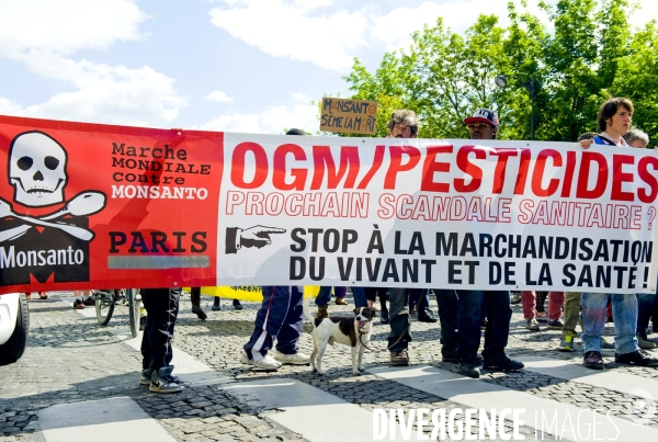 Marche contre Monsanto pour une agriculture durable et une alimentation saine.Une famille avec bebe a pose une pancarte dans une poussette avec cette question On leur laisse quoi ?