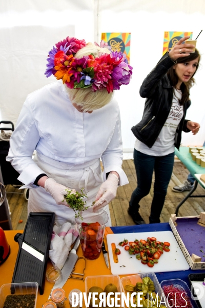 La fair pride.Atelier cuisine, la chef et traiteur bio independant, Julie Basset, prepare un jus de fraises a la marjolaine.
