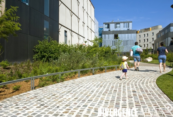 L  ecoquartier Frequel-Fontarabie a Paris, premier label national ecoquartier.Une famille traverse le mail