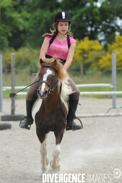 L enfant et les animaux :  jeune cavalier à poney. Children and animals: young pony rider.