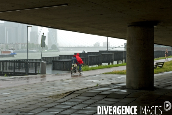 Rotterdam.Sous l averse, au bord de la Meuse, un tandem et une joggeuse