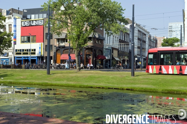 Rotterdam.Les immeubles et cafes le long du boulevard Mauritsweg.