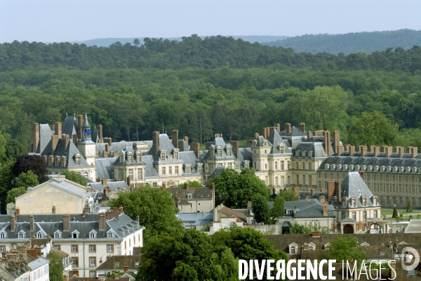 Des villes.Fontainebleau.Vue aerienne du chateau et de la foret domanial