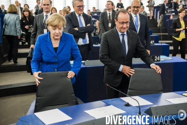 Francois Hollande et Angela Merkel au Parlement Européen