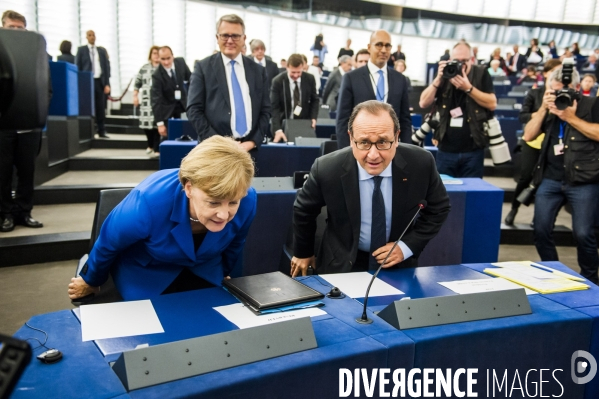 Francois Hollande et Angela Merkel au Parlement Européen