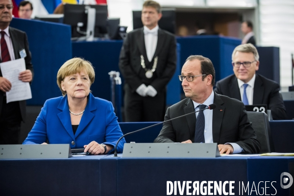 Francois Hollande et Angela Merkel au Parlement Européen