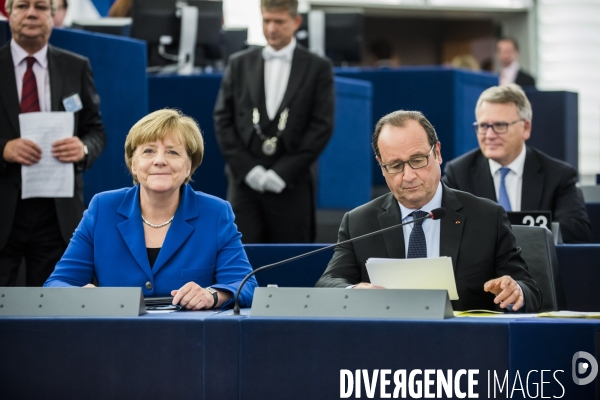 Francois Hollande et Angela Merkel au Parlement Européen