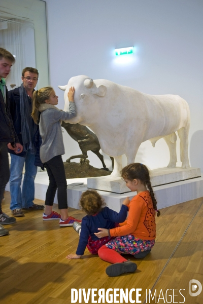 Au musee de l Homme,des visiteurs devant une sculpture en platre de Francois Pompon, le boeuf.