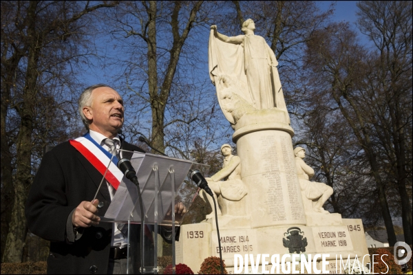 Marine Le PEN, candidate Front national aux régionales dans le nord, est venue déposer une gerbe à l occasion de la commémoration du 11 novembre, invitée par le maire FN de Villers-Cotterêts Franck BRIFFAUT.