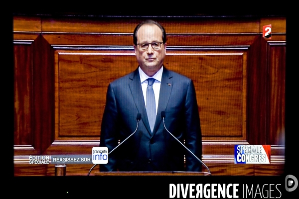 Retransmis sur l A2, le president Hollande devant le Parlement reuni en Congres a Versailles pour une allocution, trois jours apres les attentats