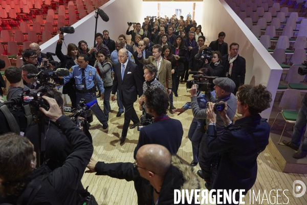 Laurent Fabius , president President-designate of COP 21  avec Christiana Figueres, Executive Secretary of the UN Framework Convention on Climate Change (UNFCCC)  ,Ambiances COP 21 derniers préparatifs avant ouverture