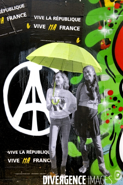 Illustration Novembre2015.Place de la Republique,apres les attentats du 13 Novembre.Street art .Vive la republique , vive ma France