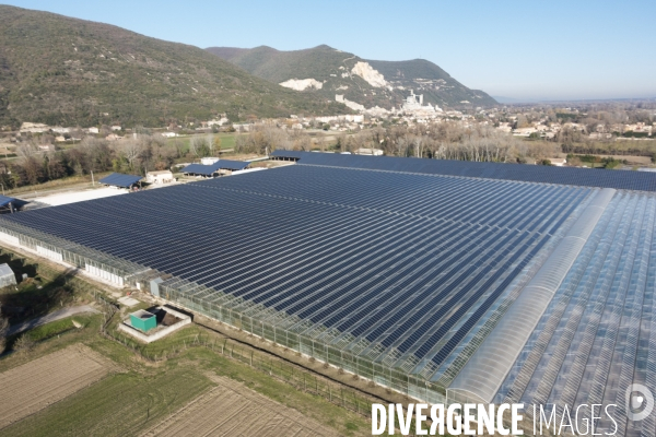 Vue aérienne d une centrale solaire sur serre agricole en Ardèche