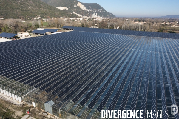 Vue aérienne d une centrale solaire sur serre agricole en Ardèche