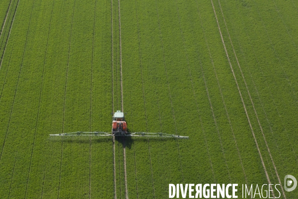 Vue aérienne d épandage de pesticides