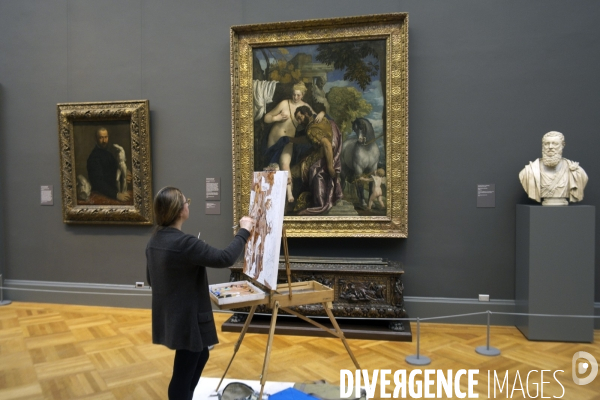 Retour a Manhattan # 01.Une peintre amatrice dans la galerie des peintures europeennes au Matropolitan museum of art revisite le tableau de Paolo Veronese, Mars et Venus unis par l amour.